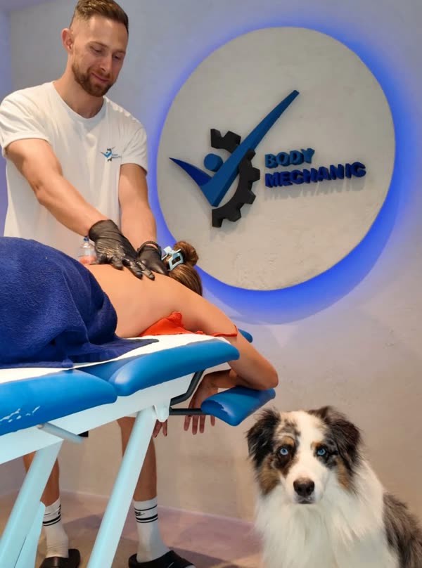 Andreas aan het werk voor de verlichte logomuur van de praktijk, terwijl zijn hond Bowie toekijkt
